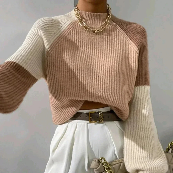 Color Block Mock Neck Raglan Sleeve Sweater - Picture 6 of 6